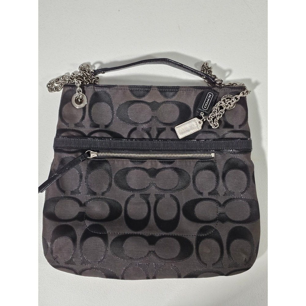 Coach Poppy Metallic Outline Signature‎ Large Slim Tote Purse 21161 Black